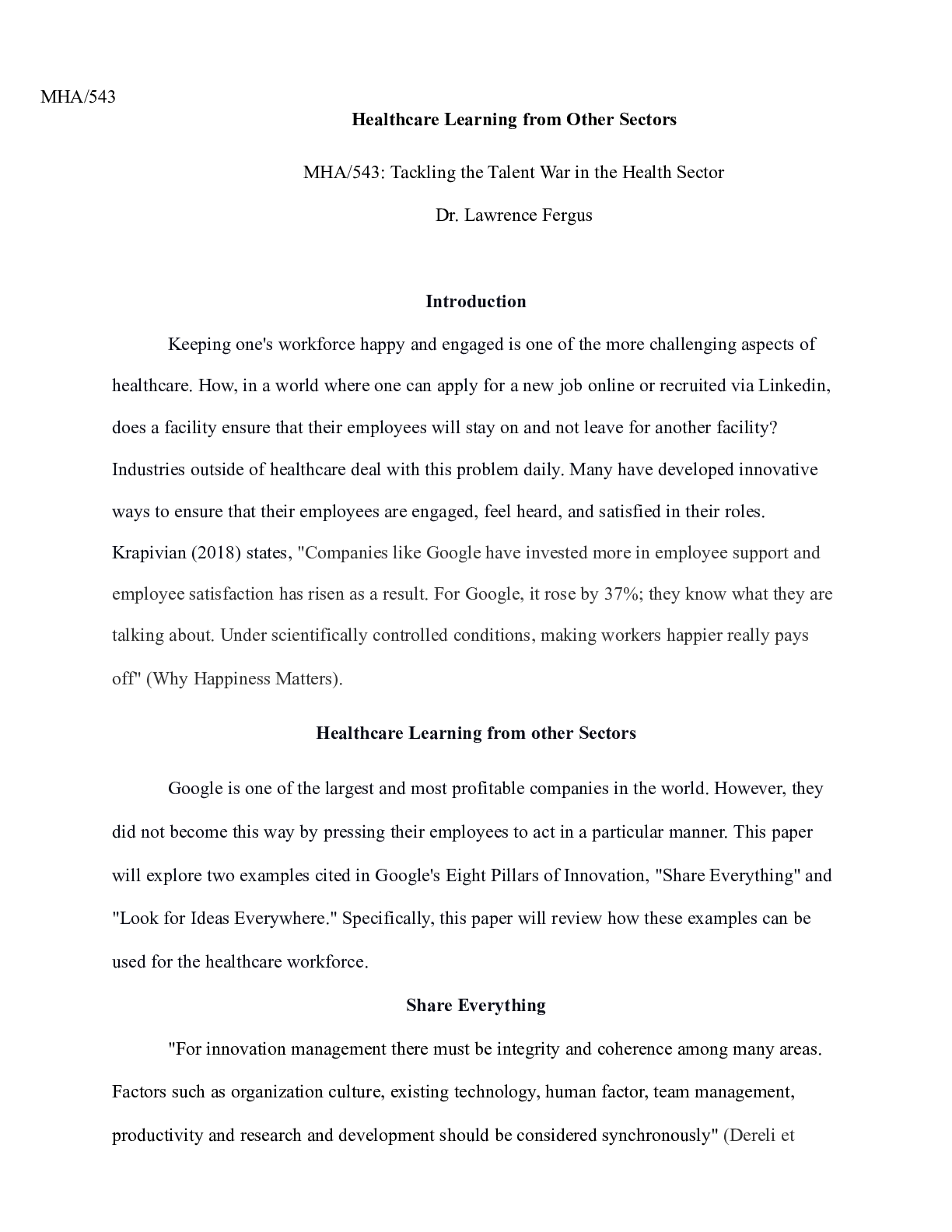 Preview of Healthcare Learning from Other Sector.docx    MHA/543  Healthcare Learning from Other Sect